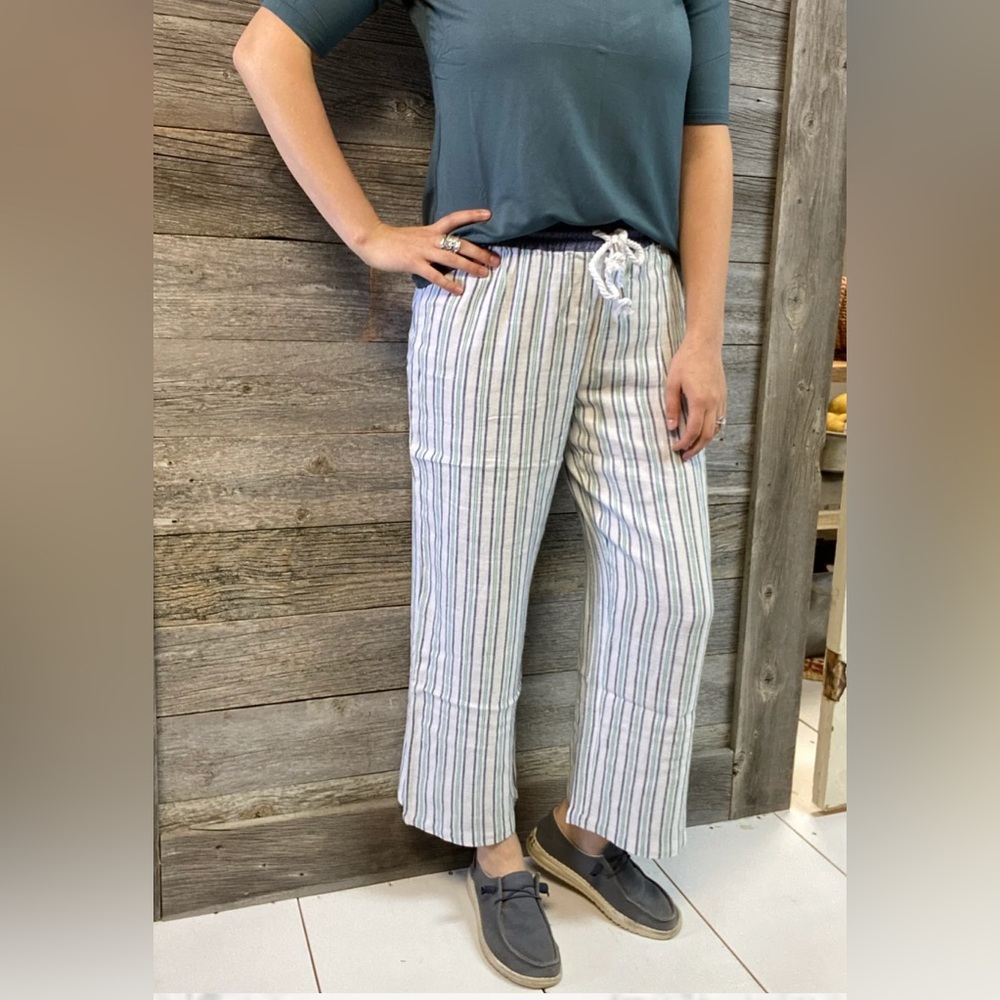 Tribal White and Blue Striped Women's Linen Blend Cropped Pants Size M